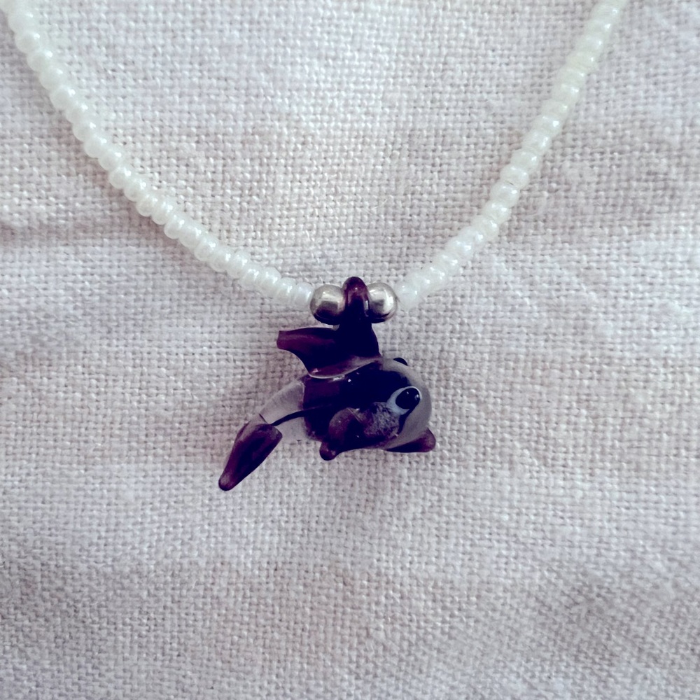 Dolphin Glass Bead Necklace Purple and White